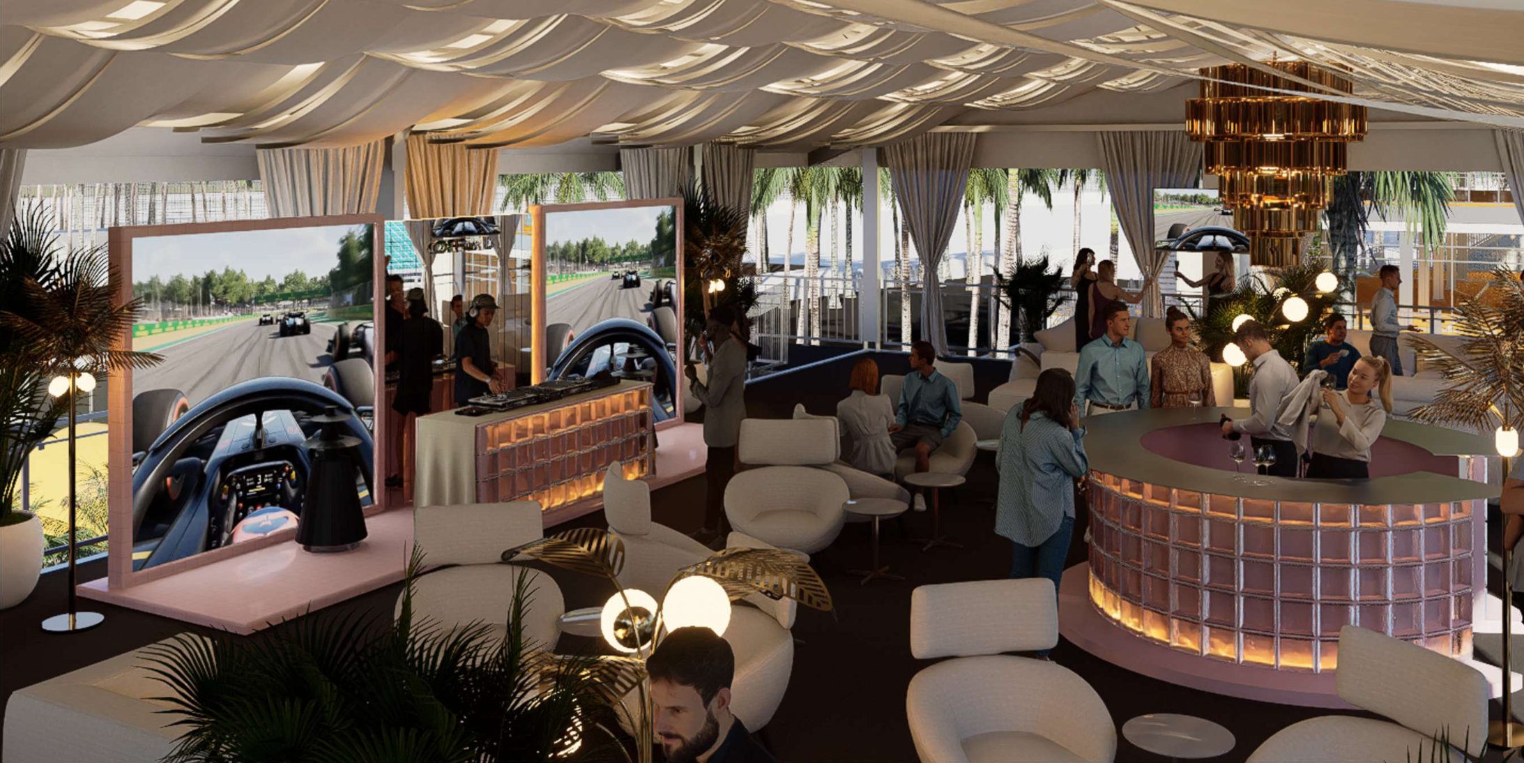 Off Grid venue rendering — simulator area